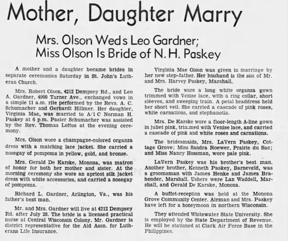 Olson, Paskey Wedding 20 Jul 1969, WSJ, p.61